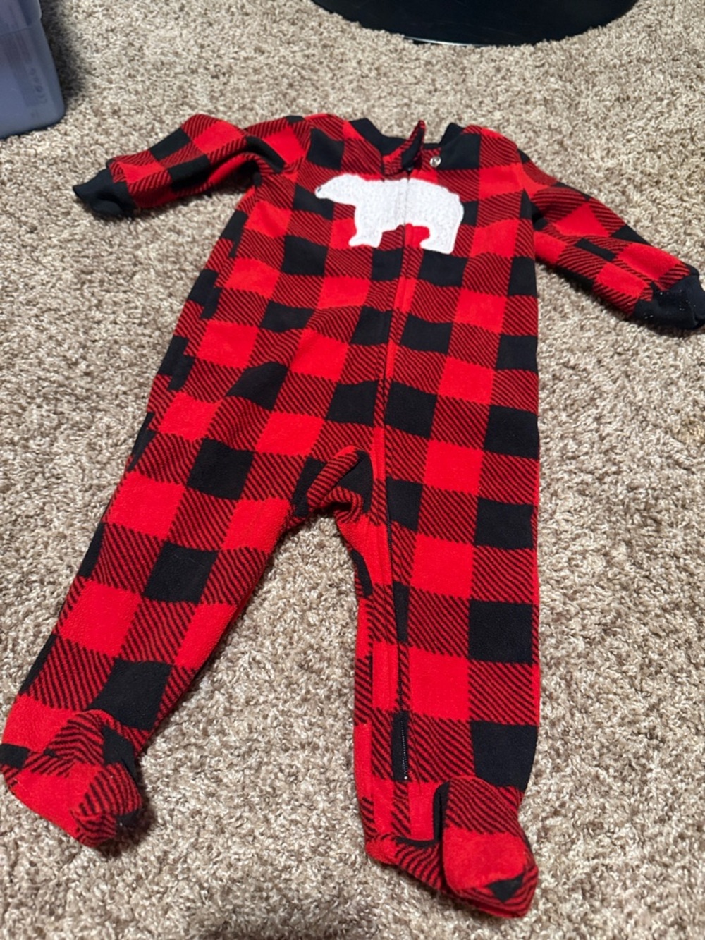Carter’s buffalo check polar bear fleece footed onsie pajamas 6 mos - EUC